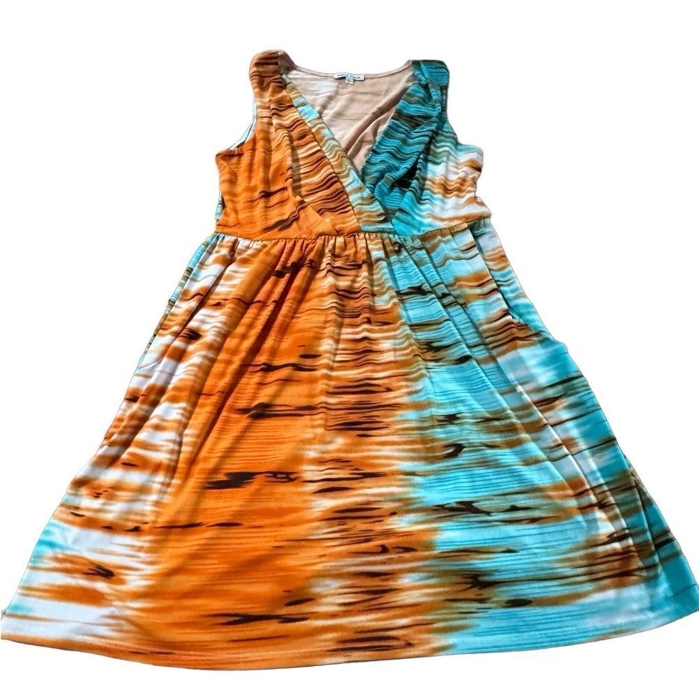 EUC Velvet Torch Dress Orange and Turquoise stretch funky mini dress tunic Large